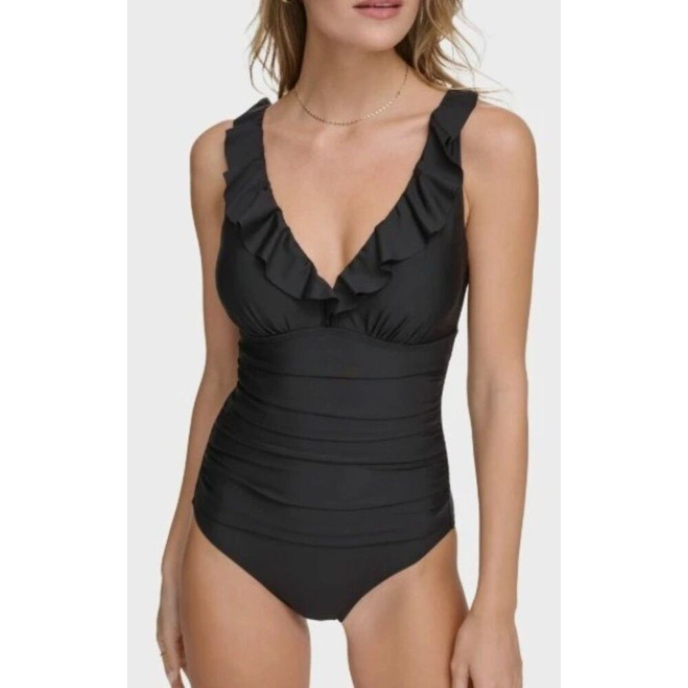DKNY - Black Ruffle V-Neck Swimsuit (NWT)+ Size 6